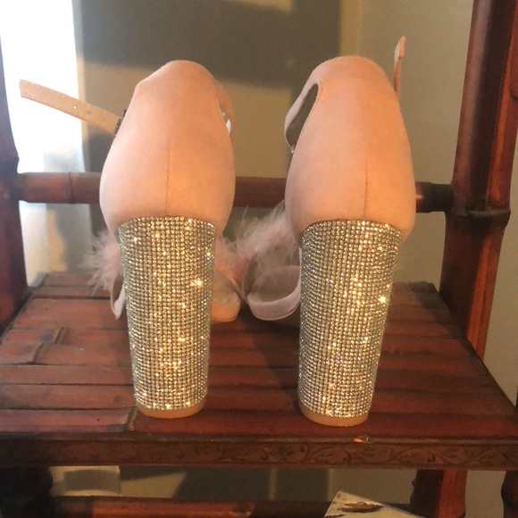Missguided Pink Feather and Rhinestone Glitter block heels. Size 7 - Picture 2 of 6
